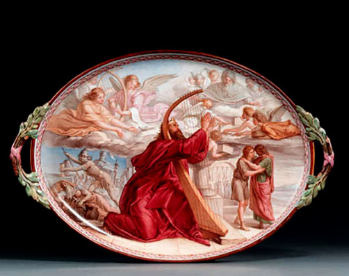 'The-Hackwood-Tray'-by-John-Eyre-with-David-the-Psalmist 'The Hackwood Tray', an oval two-handled inscribed and dated Furnival pottery tray painted by John Eyre with David the Psalmist