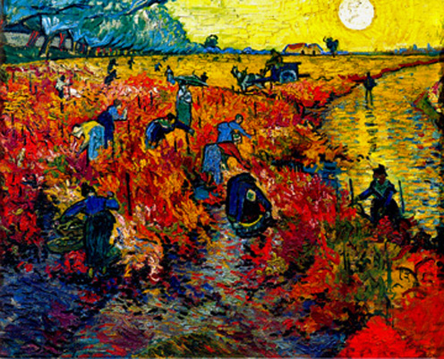 red-vineyard-van-gogh-496x401 The-Red-Vineyard-Van-Gogh workers in a field of red flowers