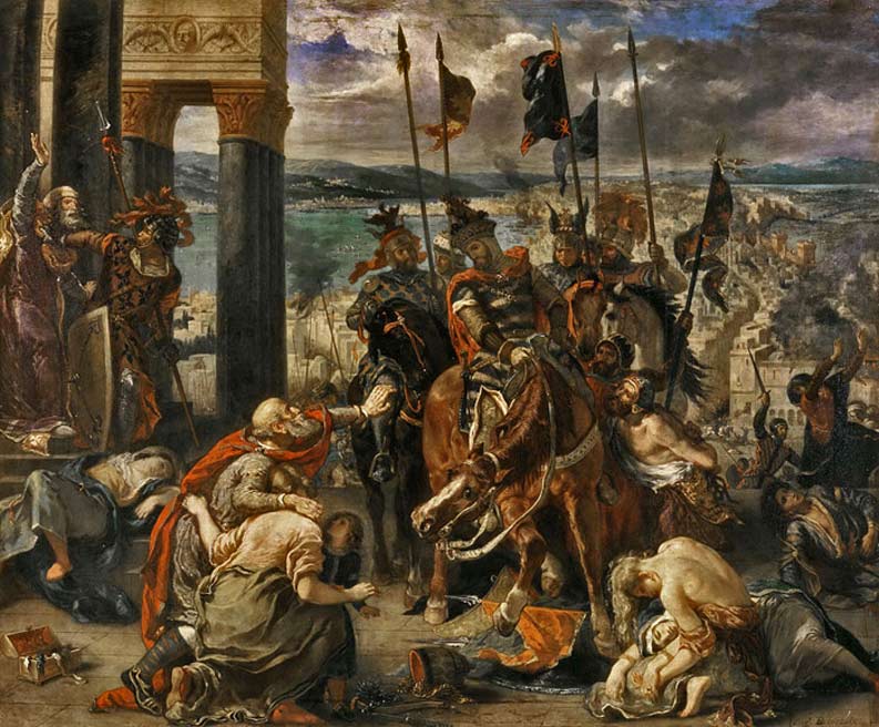 Eugene-Delacroix-painting the-siege-of-constantinople-1204-eugene-delacroix - venetian crusaders riding past the suffering inhabitants
