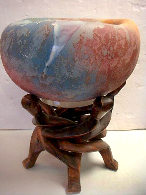 Tony-Evans-Pottery-Raku-475x633 Tony-Evans-Art-Pottery-Raku-Bowl-on-Wooden-Stand