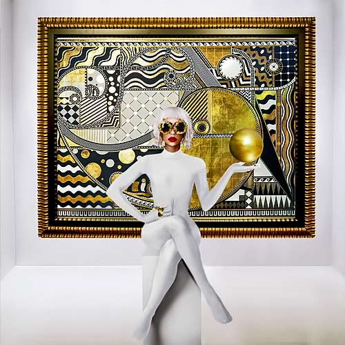 Lina-Viktor-gilded-art Trancsending-Time-and-the-Golden-Ratio Lina Victor posing with her art