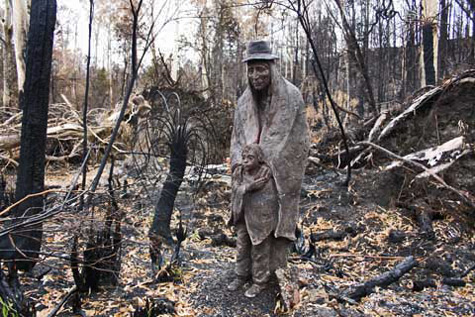 Fire-ravaged-landscape Bruno Torfs sculpture in a razed bush landscape