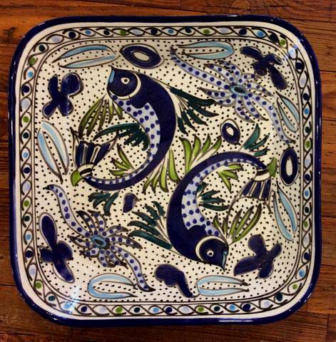 Tunisian-Square-Serving-Bowl---Aqua-Fish Duel fish motif platter Tunisia