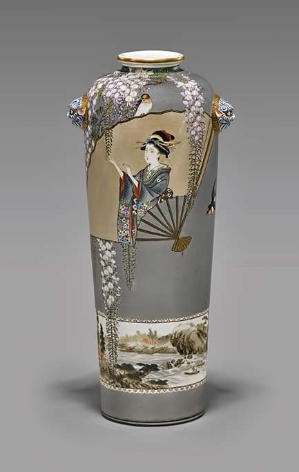 Kinkozan-satsuma-vase Unusual Kinkozan Satsuma vase with geisha fan motif, earthenware vessel of cylindrical form, with rounded shoulder