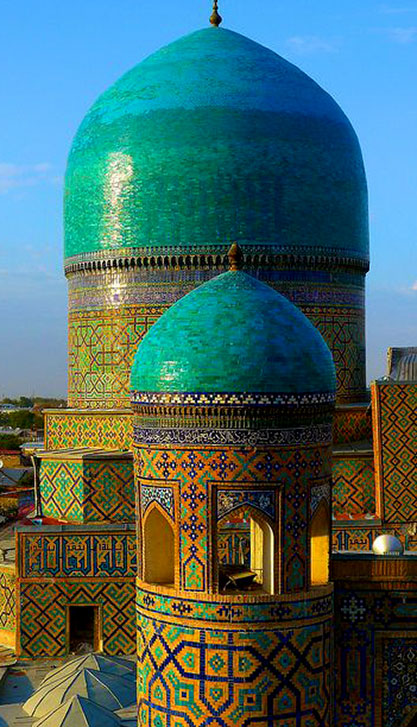 Uzbekistan,-Samarkand,-Registan,-Minaret-of-Tilla-Kari-Madressa Uzbekistan, Samarkand, Registan, Minaret of Tilla Kari Madressa