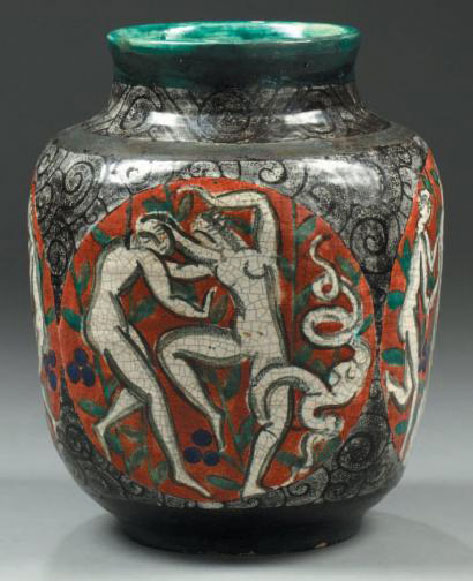 Vase-ball-square-ceramic-decoration-medallions-of-the-birth-of-Venus-and-Bacchae,-polychrome-enamel-background-coral-sections Vase-ball-square-ceramic-decoration-medallions-of-the-birth-of-Venus-and-Bacchae,-polychrome-enamel-background-coral-sections