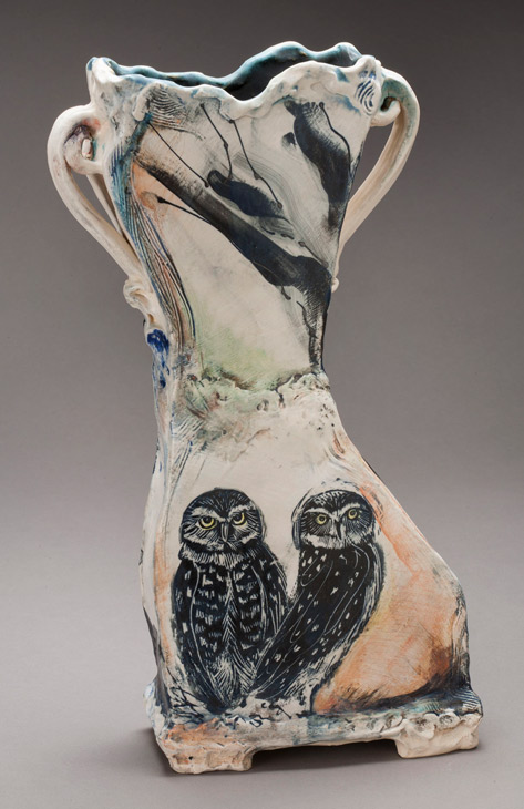 laurie-shaman-owl-vase-473x730 Twin handled vase_Burr Owls Laurie Shaman