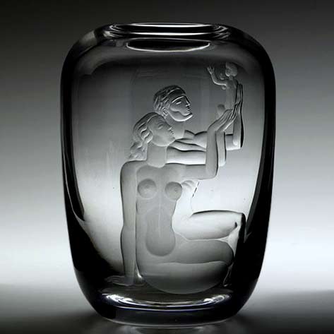 Vicke-Lindstrand;-Etched-Glass-Vase-for-Orrefors,-c1937 Vicke Lindstrand;-Etched Glass Family Vase for Orrefors,-c1937