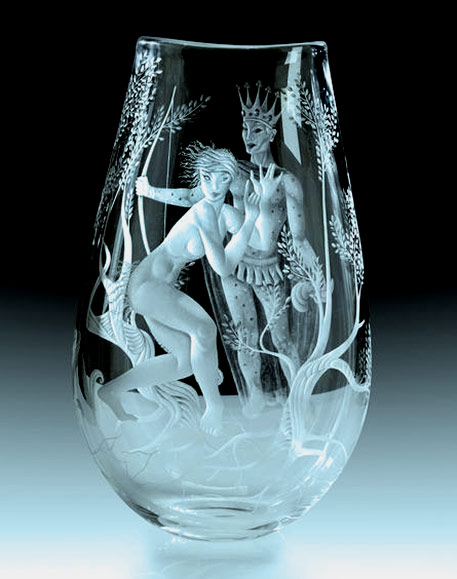 Vicke-Lindstrand-glass art vase Vicke Lindstrand (Swedish, 1904-1983), Kosta, Mid Summer Nights Dream Engraved Glass Vase