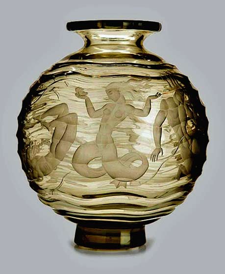 Vicke-Lindstrand-Orrefors,-'Mermaids'-Engraved-Glass-Vase Vicke-Lindstrand Orrefors,-'Mermaids'-Engraved-Glass-Vase