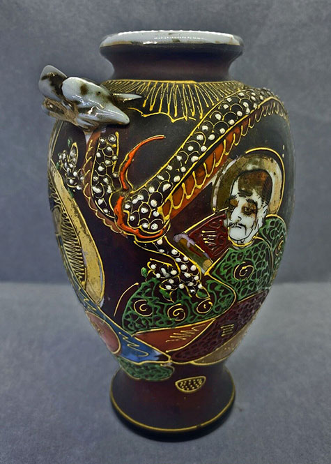 Vintage-Satsuma-Moriage-Vase Vintage Satsuma Moriage Vase 6ins Immortals and Raised Dragon