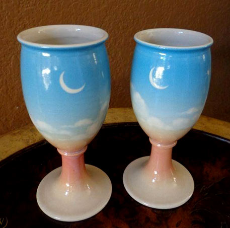 Vintage-Shorba-1986-Ceramic-Pottery-Wine-Goblets---Sand-and-Blue Vintage Shorba 1986 Ceramic Pottery Wine Goblets