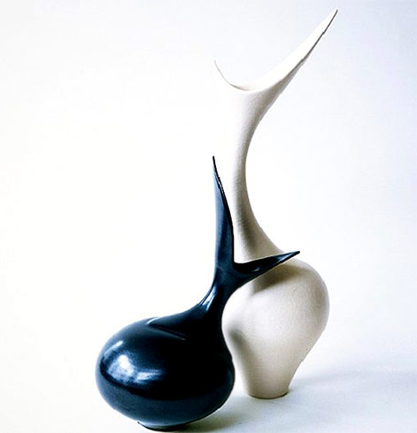 vivienne-foley-UK-ceramics Vivienne Foley-sculptural porcelain art - black and white vase combo