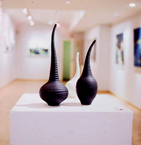 Vivienne-Foley--exhibition Two asymmetrical neck corrugated vases at Vivienne-Foley exhibition