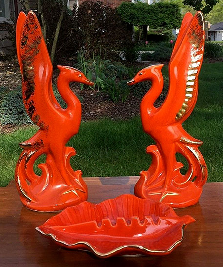 Vtg-California-Pottery-USA-3-pc-Console-Set-Ashtray-Bird-Figurines-Orange-Gold Vintage-California Pottery USA-3-pc-Console Set Ashtray Bird Figurines in Orange and Gold