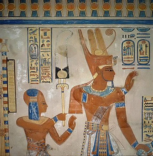 pharoh-with-ramsesIII-son-493x504 Detailed wall painting in the tomb of Amen-hor-khepeshef. The son of Ramses III wearing the side-lock of youth stands behind the pharaoh.
