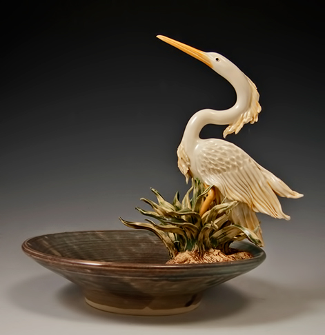 Heron-on-bowl -Bonnie-Belt Wheel-thrown-bowl-with-sculpted-Heron-attached-on-a-rock-with-reeds