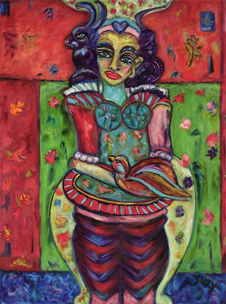 Who-are-you-really..Suzy-Birstein Who-are-you-really..Suzy-Birstein - painting of lady holding a bird with a rabbit in her hair