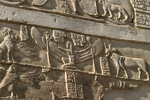 winged-goddess-relief-507x399 Temple relief of Winged Goddess between the Apis Bull and a winged lion on the left.