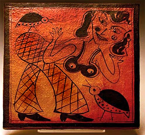 Woman-dancing-with-Guinea-HenFred-Johnston Ceramic til;e square Woman-dancing-with-Guinea-Hen by Fred-Johnston
