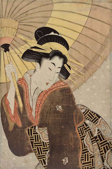 Woman-with-Umbrella-in-Snow Woman-with-Umbrella-in-Snow-Artist-Unknown,-Japanese-Attributed-to-Kitagawa-Utamaro-I,-Japanese,-–1806-Japanese