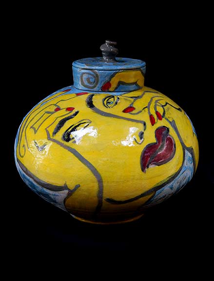 Woman-with-Yellow-Face--Mattie-Leeds yellow. blue and red lidded jar - Mattie Leeds