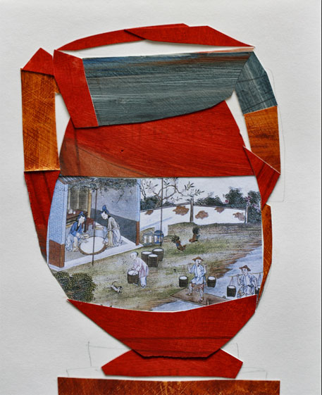 Nancy-Selvin-pottery-collage Works-—-Nancy-Selvin-Sifting-Glaze red pot with historical Chinese pottery panel