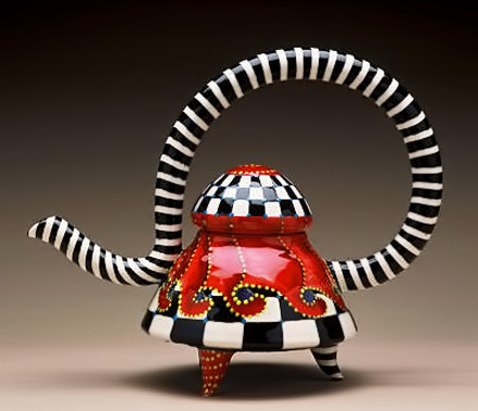 coreen-abbott-teapot-439x378 Teapot-by-Coreen-Abbott - large black and white striped handle red teapot with paisley decoration and chequered lid