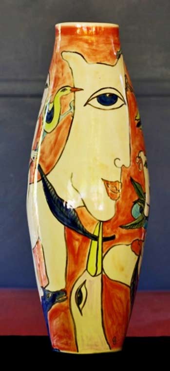 ovoid-vase-by-Ivy-Hill Ceramic ovoid vae with abstract face motif and birds www.ivyhill.com