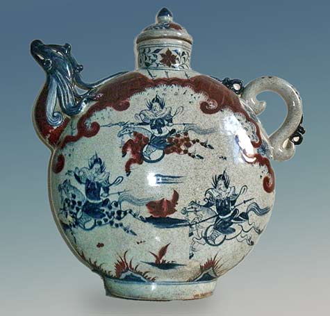 Yuan-Dynasty-blue-and-white-underglaze-red-phoenix-first-character-story-flat-bottle Yuan-Dynasty-blue-and-white-underglaze-red-phoenix flat bottle