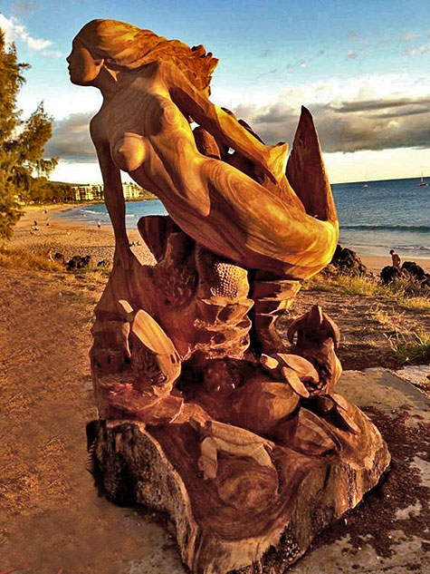 Zarella-mermaid-sculpture Maui-Mermaid wood carved sculpture with baby turtles