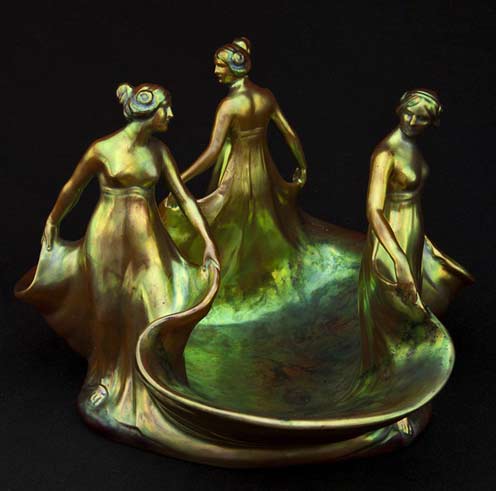 Zsolnay-Three-Graces-lustre-dish Zsolnay-Three-Graces-figural lustre glaze bowl--Pinter-Auctions