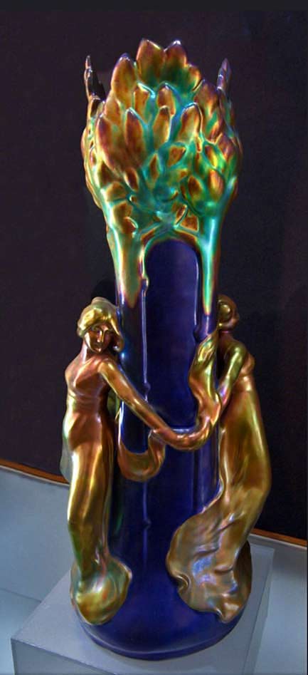Zsolnay-vase-art-nouveau Zsolnay-vase-with-dancing-female-figures and eosin lustre glaze