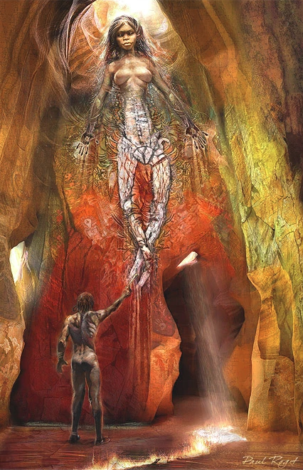 The Birthing-by-Paul-Roget Paul-Roget painting of an Aboriginal woman rock painting and the male artist